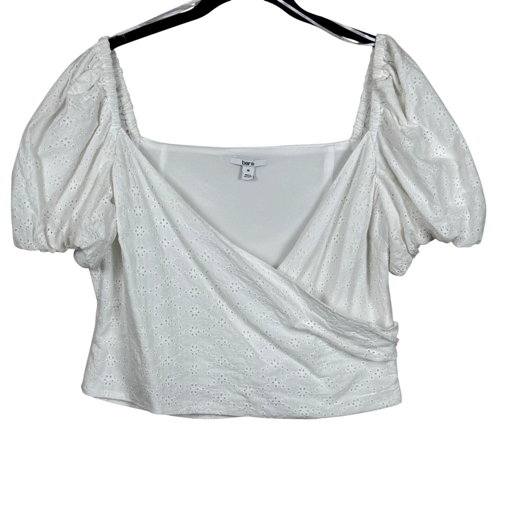 Bar III White Eyelet Puff‎ Sleeve Wrap Crop Top Size 14 Cottagecore Romantic